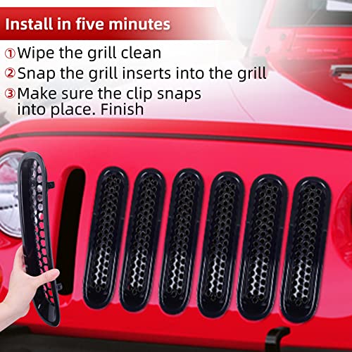 Image of AggAuto Grille Inserts for Jeep Wrangler JK JKU 2007-2015 Glossy Black | Car Front Mesh Grill Cover Accessories 7 Pcs