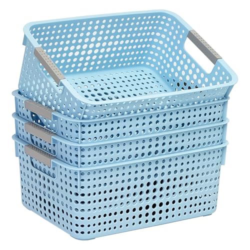 Soddeph 4-Pack Hollow Plastic Storage Baskets with Handles (Blue, Medium)