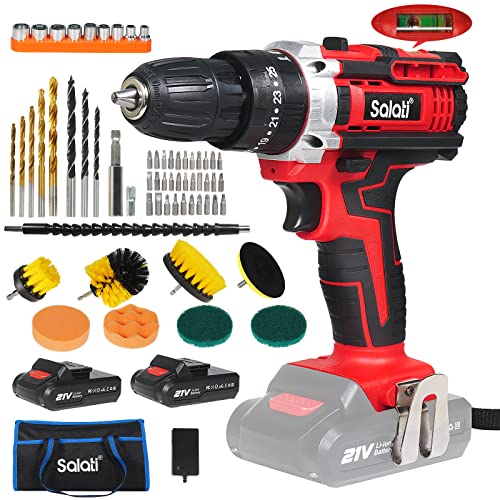 Perceuse Visseuse Sans Fil 21V, Salati Visseuse Devisseuse Sans Fil avec 2 Batteries pour Bricolage, 25+3 Réglages de Couple, 35Nm Perceuse Percussion, 60 Accessoires, 2 Vitesses, LED Intégrée