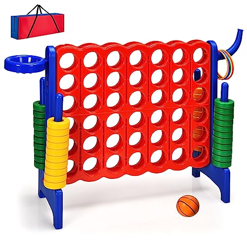 KOTEK Giant 4-in-a-Row Game, Jumbo 4-to-Score Family Game w/Quick-Release Sliders, 42 Rings, Ring Toss & Basketball Hoop, Connect Yard Game Outdoor for Kids & Adults (with Carrying Bag, Blue)
