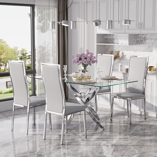 VAKTULS Modern Dining Chairs Set of 4 Grey Faux Leather with Chrome Silver Metal Legs, Curved High Back Design & Cloud Cushioning, Mid-Century Kitchen Chairs with Non-Slip Feet (Easy Assembly)