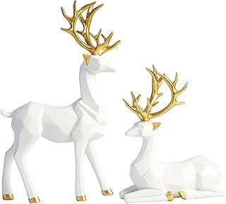 Christmas Reindeer Figurines, 2pcs Nordic Style Origami Elk Resin Sitting Standing Deer Statues for Ornaments Living Room TV Cabinet Wine Cabinet Gifts Home Office Décor (White), Cny220514