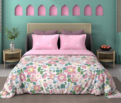 Image of DECOMIZER Super Soft Glace Cotton King Size AC Comforter II Blanket II Duvet for Double Bed with 1 Flat Bedsheet and 2 Pillow Cover - 4 Piece Comforter Set - Pink Flower-300 TC