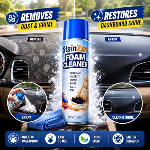 Image of StainZero Foaming Interior Cleaner 500ml | Powerful Foam Formula for Car Dashboard, Seats, Helmet, Shoes, Walls. Upholstery, Fabric, Vinyl, Plastic & Leather | Removes Dirt, Dust & Stains