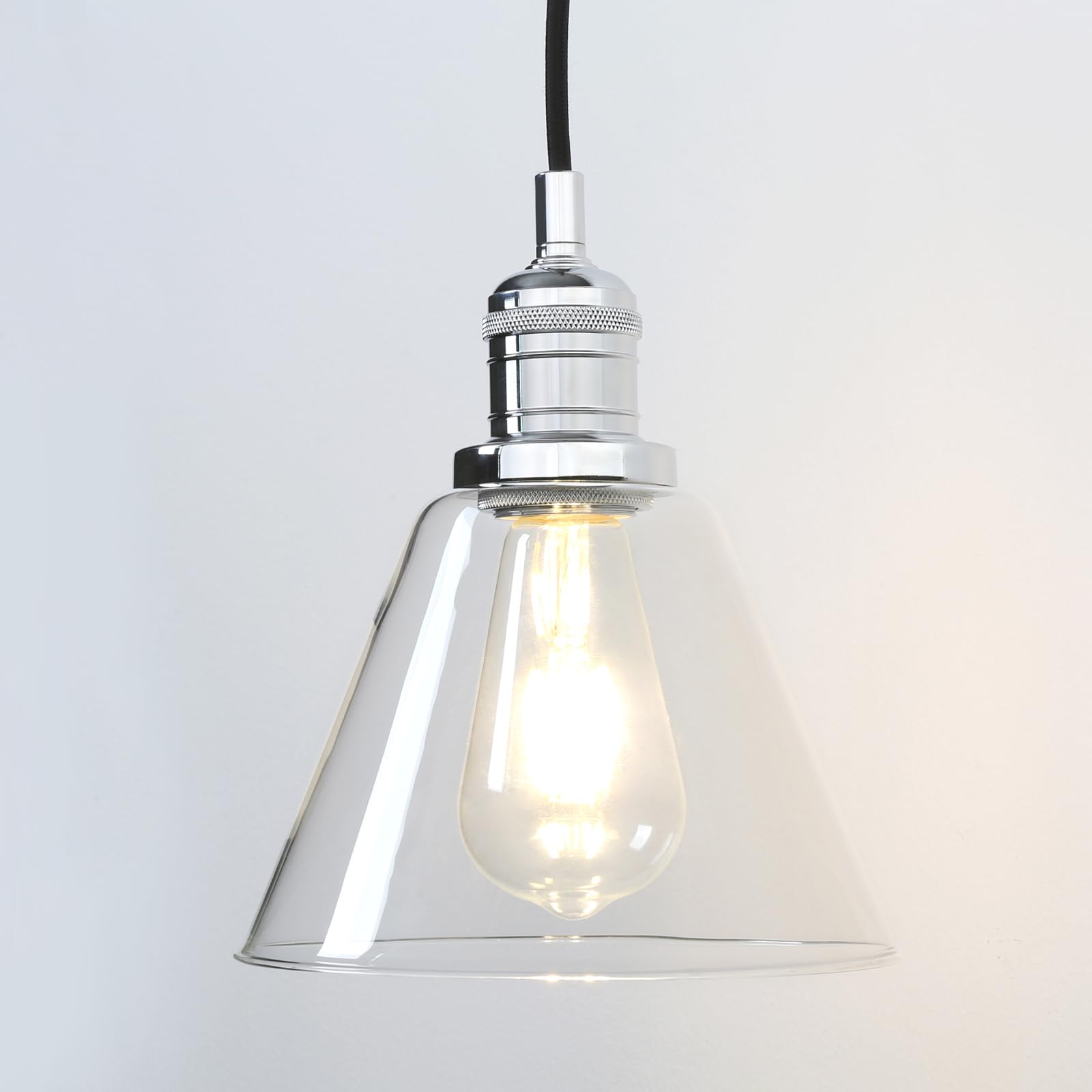 Phansthy Chromed Industrial Vintage Pendant Light Funnel Clear Glass Lamp Shade Hanging Light Decorative Lighting Retro Ceiling Light For Living Room Hallway Kitchen Dining Room E27 (Chromed)