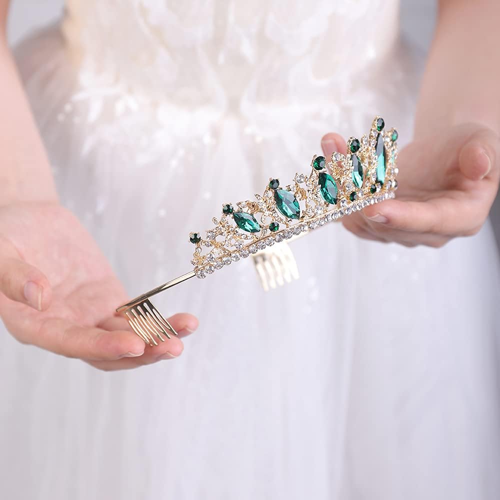 Wekicici Crystal Tiara with Comb Wedding Green Crown Princess Queen Headband for Brides Hair Accessories for Women Halloween Birthday Costume Party Pageant