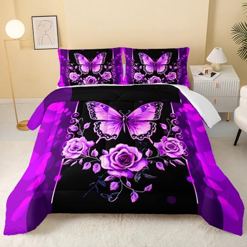 Image of QOOMO Cartoon Butterfly Kids Comforter Set,Flowers Print Bedding Set Full Size for Boys Girls Room Decoration,Purple Bed Set Microfiber Lightweight,1 Comforter 2 Pillowcases