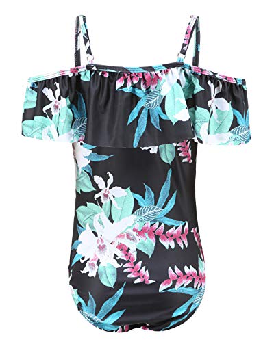 Image of Girls One Piece Swimsuits Off Shoulder Bathing Suit Kids Hawaiian Floral Swimwear 3-16 Years