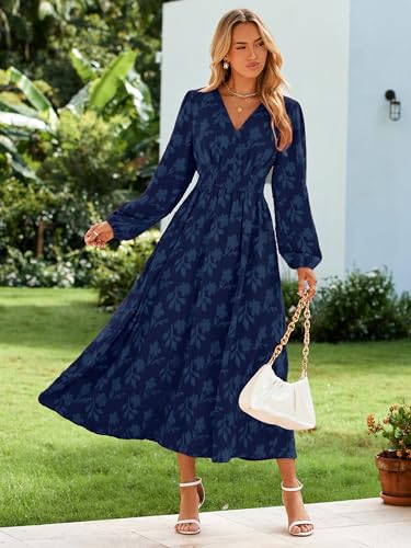 Image of Simplee Womens Boho Floral Long Sleeve Maxi Dress V Neck Empire Waist Fall Wedding Guest Dresses with Pockets