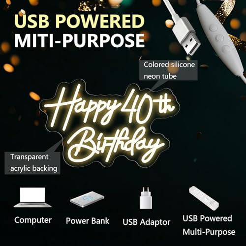 Image of Happy 40th Birthday Neon Sign For Birthday Party16.5 inch*10.5 inch Neon Happy Birthday Led Neon Light For Party Backdrop Wall Decor With Dimmable Switch Birthday Light Up Sign Birthday Gift
