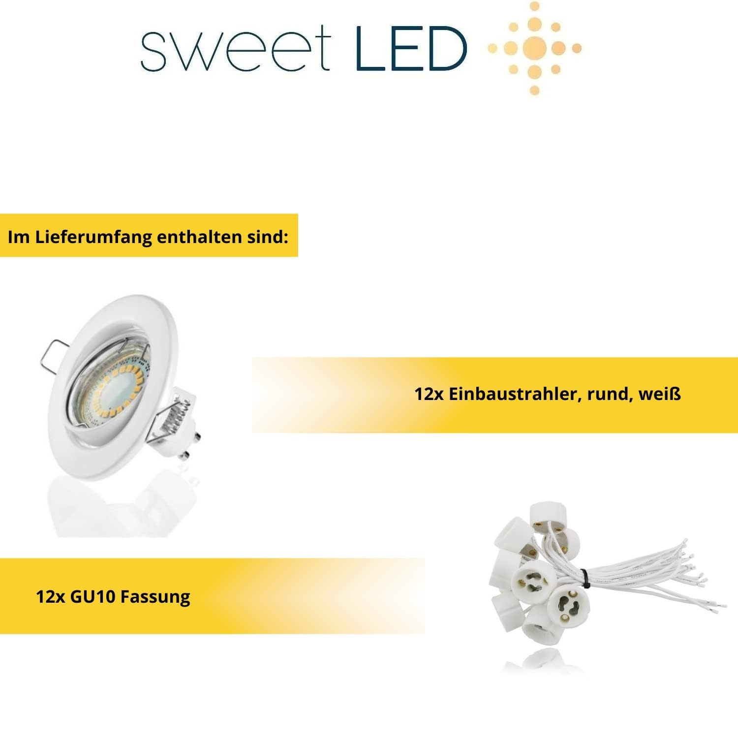 Sweet Led Einbaustrahler 230V Weiß 12er Set – Deckenspots schwenkbar Ø68mm – 5W GU10 warmweiß 3000K – Einbauleuchten mit Keramik-Fassung & austauschbarem Leuchtmittel