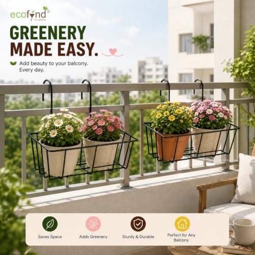 Image of ecofynd 2 Pack 16 Inches Metal Hanging Flower Pot Stand For Railing Planters, Gamla Stand Pot Holder for Balcony Decoration Items Outdoor, Plant Stands for Balcony, Flower Pot Stand Indoor (PS054-BLK)