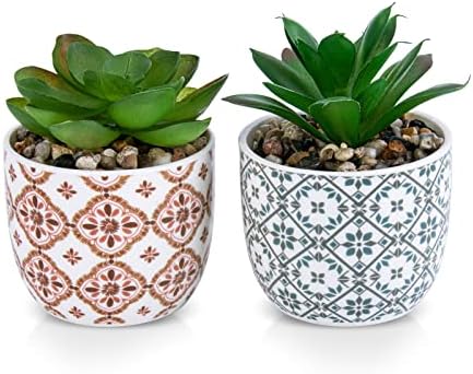 Karlliu Artificial Plants Mini Succulent Flowers in Ceramic Pot Small Fake Plants for Home Bathroom Office Desk Farmhouse Room Decor– 2Pack