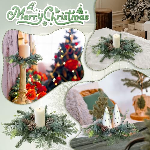 Image of 4 PCS Christmas Candle Rings Wreaths Norfolk Snowy Pine Needles Garland Pinecones Wreaths Artificial Cedar Candle Rings Holder for Christmas Wedding Home Table Centerpiece Door Window Chair Wall
