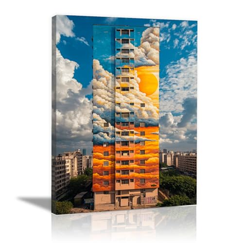 Peinture moderne de bâtiments multicolore, grand tableau mural encadré de 70x100cm pour salon