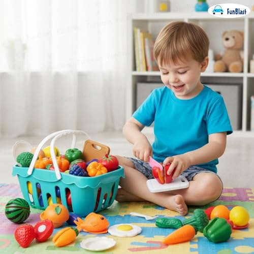 Image of FunBlast Fruits & Vegetables Play Set Toys, 26 Pcs; Realistic Sliceable Cutting Pretend Play Kitchen Toys for Kids, Play Food Toys, Fruit Vegetable Toys, Chopping Board with Knife & Basket