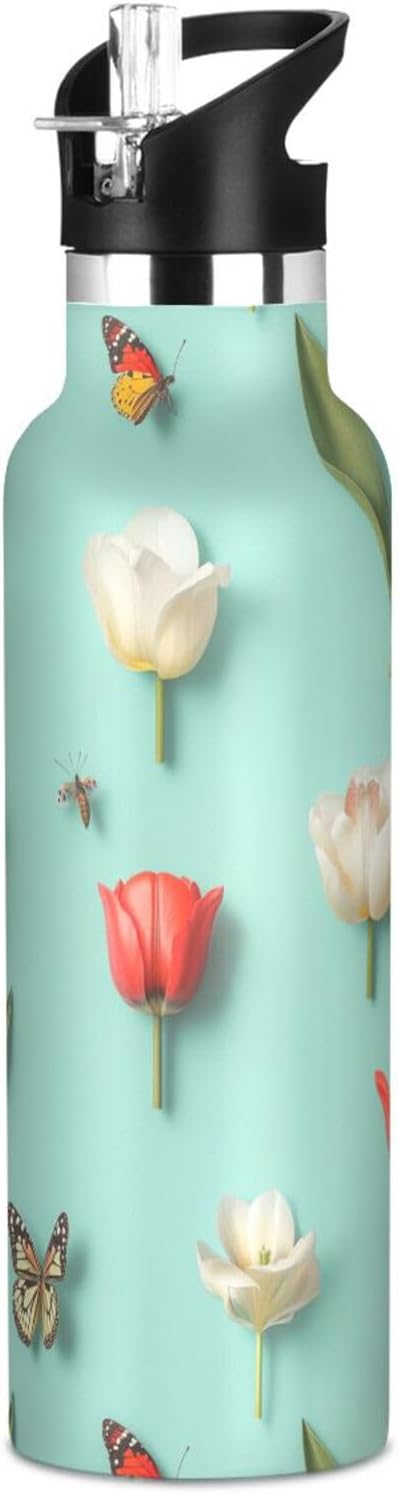 Botella de agua estética de tulipán verde azulado para niños, con tapa de boquilla a prueba de fugas, aislamiento al vacío de doble pared, ligera