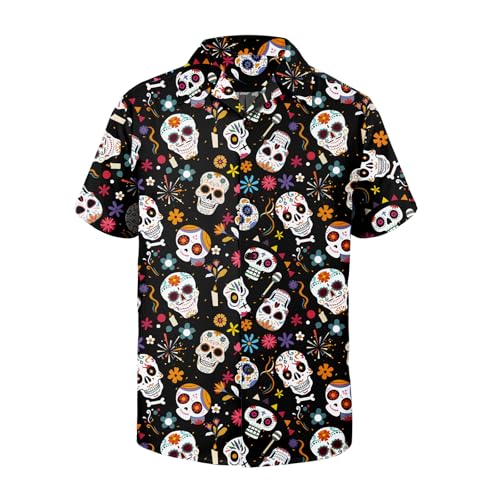 Mens Dia de los Muertos Costume | Stylish Mexican Sugar Skull Hawaiian Shirt for Men Lightweight & Button-Up Funny Halloween Shirts for Day of the Dead Beach & Casual Wear X-Large