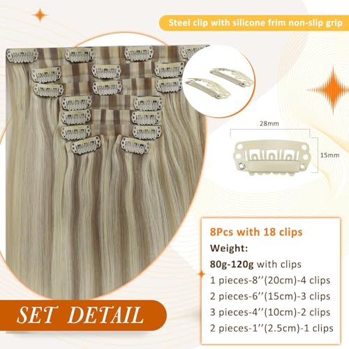 Image of Full Shine Human Hair Clip In Extensions, Ash Blonde 20 Inch | Invisible PU Flat Weft, for Thin Hair to Medium Hair, Heat Safe, Add Volume, Easy to Style, Full Head Lightweight, 8 Pcs 120g