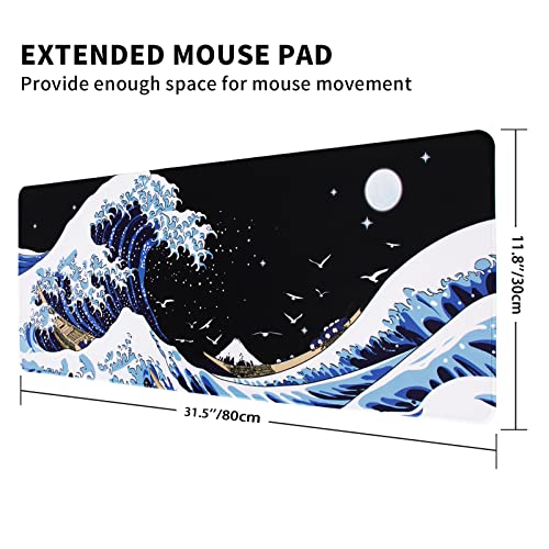 Mewoocue Gaming Laptop Mouse Pad,Sea Wave Big Desk Pads Pc Keyboard Waterproof And Non-Slip 31.5 X 11.8Inches 3Mm Thick Xl,Xxl Rubber Table Mat, Kanagawa Surfing And Black Japanese Mouse Pads #TOP2