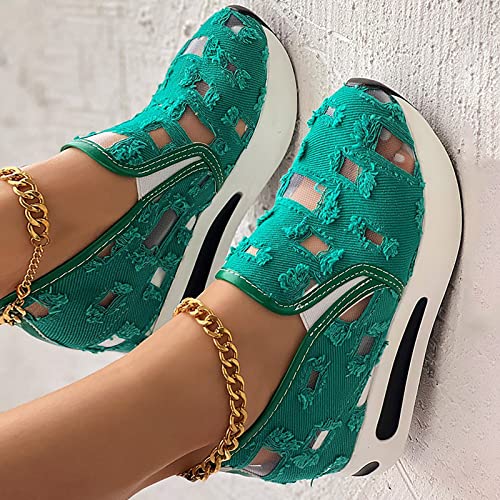 Fashion Sneakers for Women 2023 Floral Embroidery Breathable Sheer Mesh Sneakers Slip On Sneakers Platform Wedge Sneakers Dressy Casual Shoes Walking Sneakers (C-Green, 8.5)4