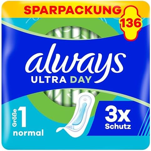 Always Ultra Binden Damen Gr. 1, Normal, 136 Damenbinden ohne Flügel (4 x 34 Stück) Multipack, ultradünn und super absorbierend