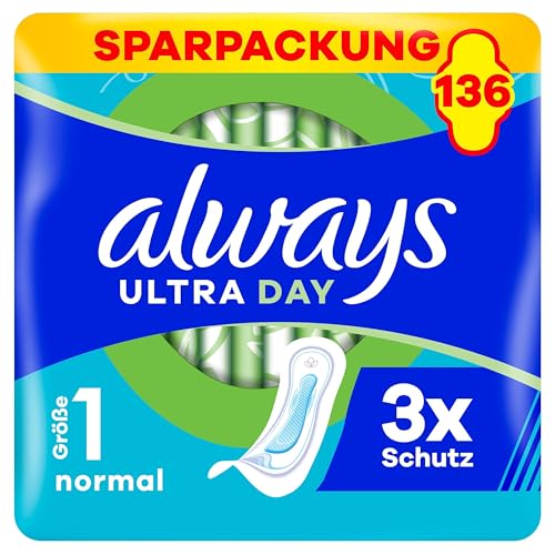 Always Ultra Binden Damen Gr. 1, Normal, 136 Damenbinden ohne Flügel (4 x 34 Stück) Multipack, ultradünn und super absorbierend