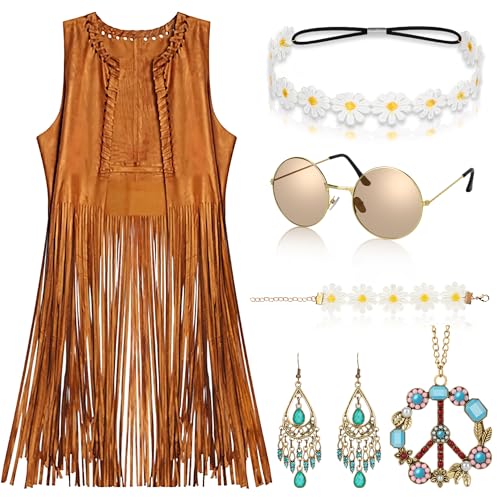 Alintor Hippie Kostüm Damen, 70er Jahre Outfit Damen, Hippie Weste mit Accessoires, Flower Power Fransenweste Kleidung, Faschingskostüme,...