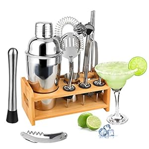 Hossejoy Cocktail Set, Edelstahl Cocktail Shaker Set, 14 Teiliges Barkeeper Set mit Bessere Bambus Ständer, Messbecher…