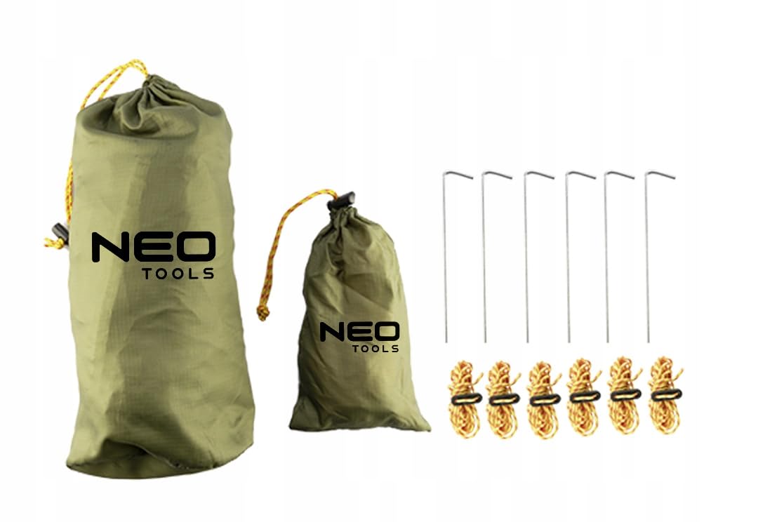 NEO TOOLS Bâche de tente, 360 x 290 cm, imperméable, légère, avec œillets, 4 piquets et 6 cordes, protection contre la neige, la pluie, légère et compacte, pour hamac, camping, randonnée, pique-nique,