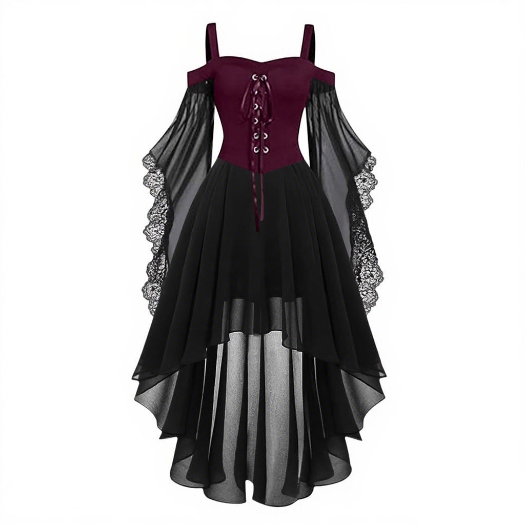HAOLEI Medieval Costume Women, Halloween Dresses Vintage Lace Renaissance Victorian Dress Cold Shoulder Butterfly Sleeve Retro Steampunk Rockabilly Goth 80s Dress Ladies