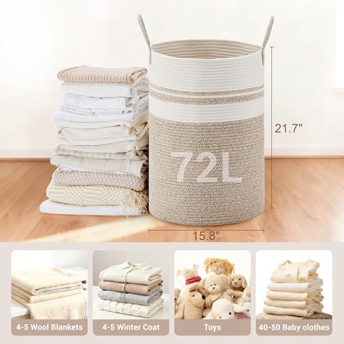 Image of 72L Large Tall Cotton Rope Laundry Basket with Handles, White & Brown