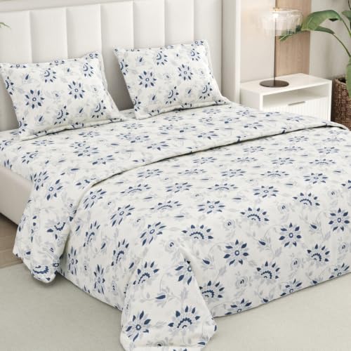 Image of Rivermoor 144 TC Cotton Bedsheet for Double Bed | Queen Size Bed Sheet with 2 Pillow Covers | White Blue Floral Pattern | 90 x 100 Inches