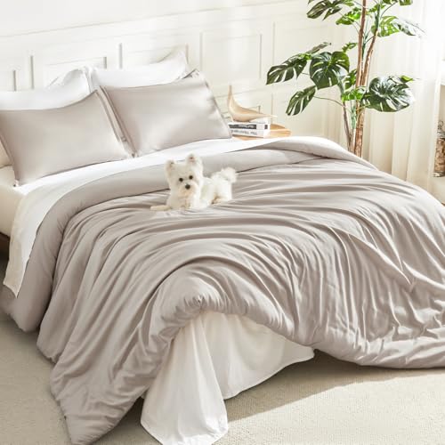 Image of Litanika Linen Grey Comforter Set Queen Size, 3 Pieces Lightweight Solid Bedding Comforter Set, All Season Fluffy Bed Set (90x90In Comforter & 2 Pillowcases)