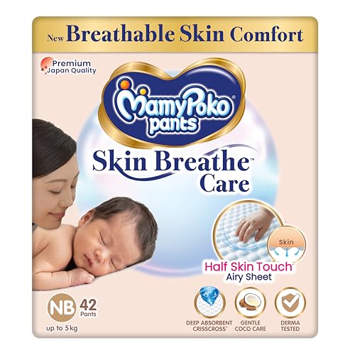 Image of MamyPoko Pants Skin Breathe Care | Baby Diapers New Born Size (NB) | 42 Count | up to 5Kgs | Half Skin Touch Airy Sheet | 3X Breathable | Derma Tested