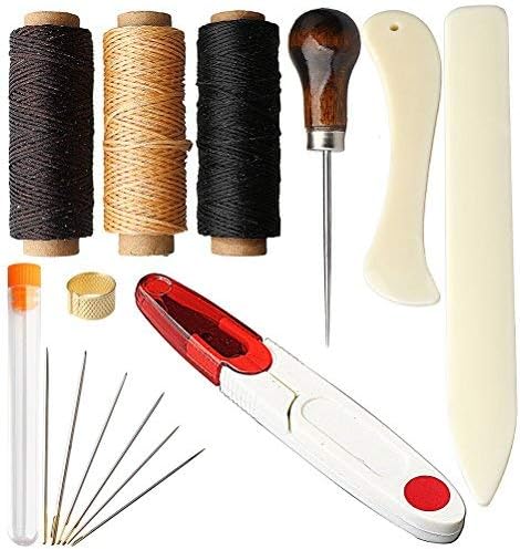 HDmirrorR kuou 15 PCS Bookbinding Tools Set, Bookbinding Starter Kit Bone Folder Paper Creaser, Waxed Thread, Awl, Large-Eye Sewing Needles for DIY Bookbinding Crafts and Sewing Supplies