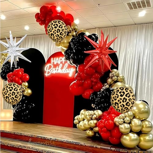 Red Black Gold Balloon Arch Garland Kit Leopard Cheetah Print Party Balloons Black Red Metallic Silver Gold Explosion Star Balloon for Girl Night Bachelorette New Year Casino Birthday Party Decoration - Image 6