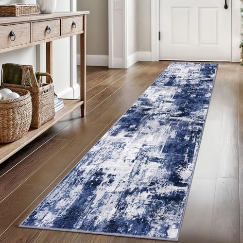 KOZYFLY Modern Abstract Rug Runner for Hallway 2x8 Navy Blue Kitchen Runner Rug Non Skid Washable Carpet Runner Laundry Room Mat Soft Fluffy Low Pile Rug for Hallway Entryway Bathroom