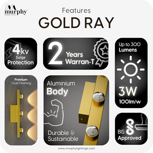 Image of Murphy 3-Glow Goldray|LED Mirror /Vanity Light|- Luxurious Gold Finish|Warm White, 2-Year Warranty-Pack of 1