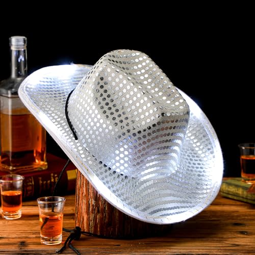 Image of Tisancy LED Lights Cowboy Cowgirl Hat Flashing LED Lights Cowgirl Hat for Wedding Western Bachelorette Party
