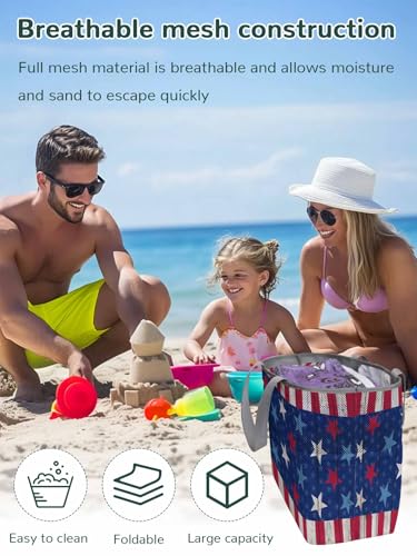 Mesh Beach Bag Oversized Tote Bags for Women Blue Stars Independence Day Red Stripe Vintage Wood Grain Large Travel Bags2