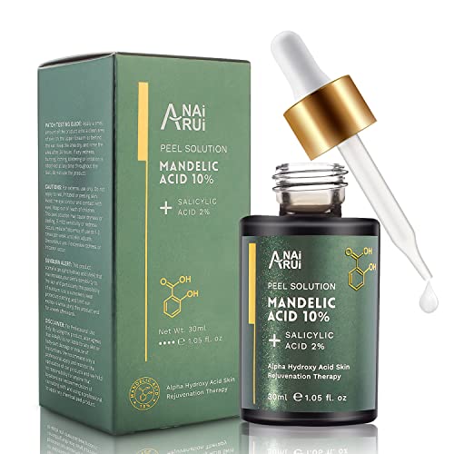 Mandelic Acid 10% with Salicylic Acid 2%, Tea Tree Oil, AHA BHA Skin Exfoliant Peel Solution, for Dark Spots, Blackheads, Enlarged Pores, Wrinkles & Fine Line (1.FL.Oz)