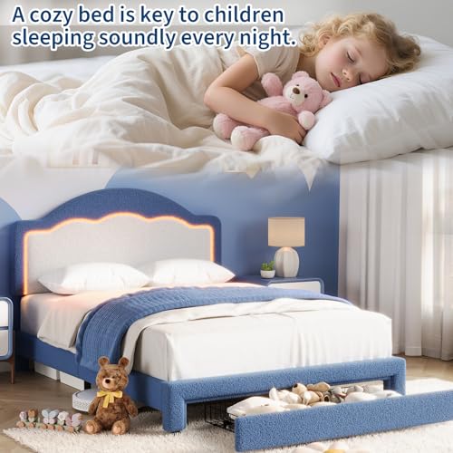 Image of GarveeHome Full Size Bed Frame with LED Headboard for Kids, Sherpa Upholstered Platform Bed Frame with Storage Drawer and Wood Slat Support, No Box Spring Required, Easy to Assemble (Blue, Full)