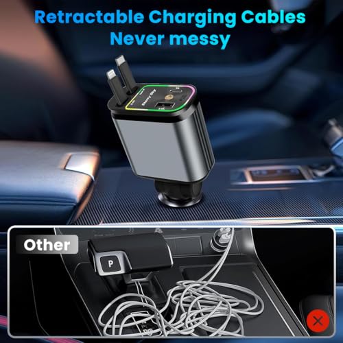 Image of STHIRA 120W 4-in-1 Retractable Car Charger, Super Fast Charging, 31.5 Inch Retractable Cables, Dual USB Ports, Mini RGB Light,Compatible with iPhone, iPad