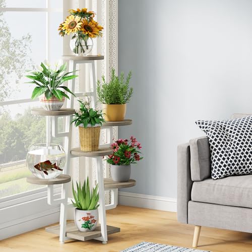 Image of Tribesigns 7 Tier Plant Stand Indoor, Tall Plant Shelf for Multiple Plants, Wooden Corner Plant Pots Holder Rack Flower Stand Shelf Planter Organizer for Living Room Balcony Garden, Beige Brown