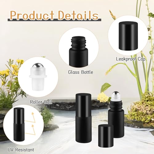 24 Pcs Essential Oil Roller Bottles Black Frosted Glass Roll On Bottle Empty Cosmetic Jars with Stainless Steel Roller Balls & Black Lids for Perfume Travel - 0.17oz/5ml3
