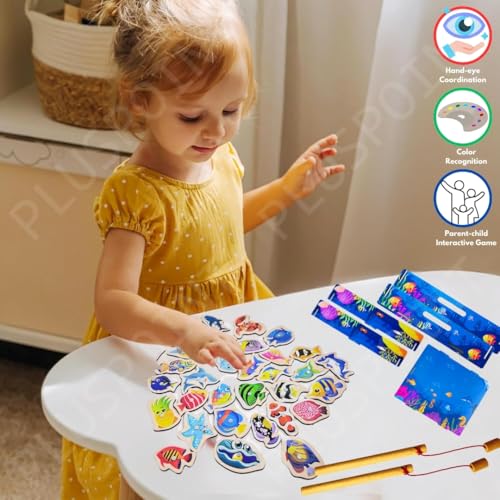 Image of PLUSPOINT Magnetic Wooden Fishing Game Toy for Toddlers, Fish Catching Games of 30 Piece Fishes 2 Sticks 1 Fishing Tray, Preschool Learning Hand and Eye Co-Ordination Educational Toys 3+Yr Kids
