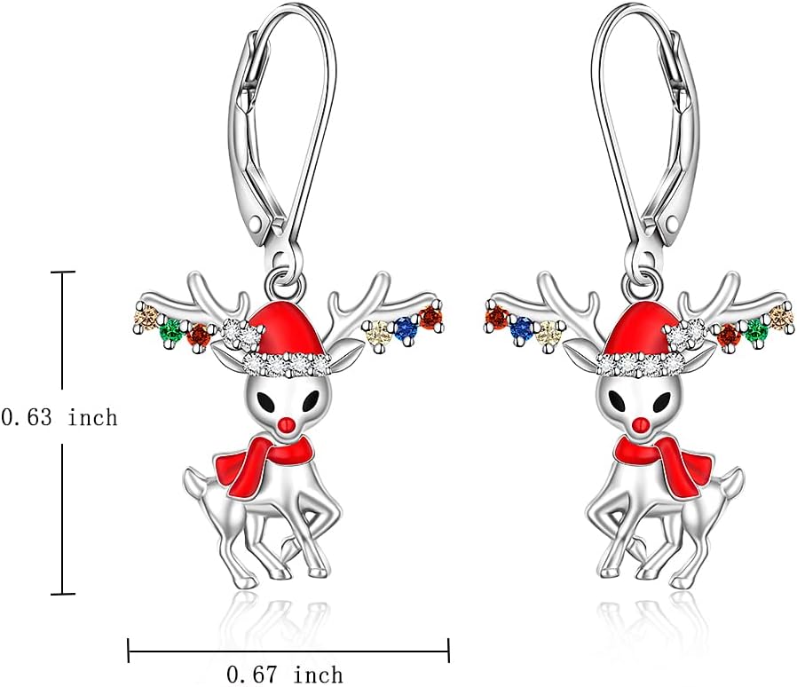 Christmas Reindeer Earrings for Women Sterling Silver Red Santa Deer Dangle Drop Leverback Earrings Colored Antler Holiday Xmas Jewelry Gifts - Image 2