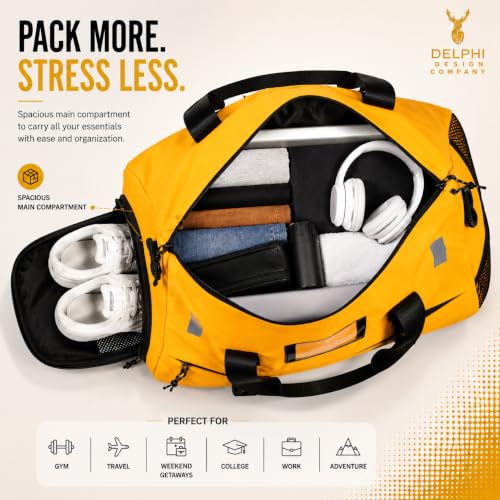 Image of Delphi Design Waterproof Gym & Travel Duffel Bag for Men & Women | Multi-Compartment Weekender Bag with Shoe Compartment, Dry-Wet Separation & Yoga Mat Holder | Spacious Sports & Travel Bag | Yellow
