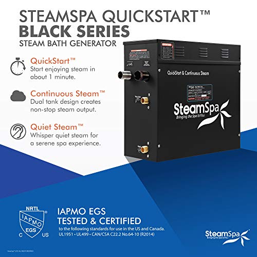 Image of Generator with Quick Start Continuous Steam Technology, Wi-Fi, Bluetooth and Autodrain | 4.5kW Steam Generator with Black Steam Head with Aromatherapy Reservoir | RVB450BK-A
